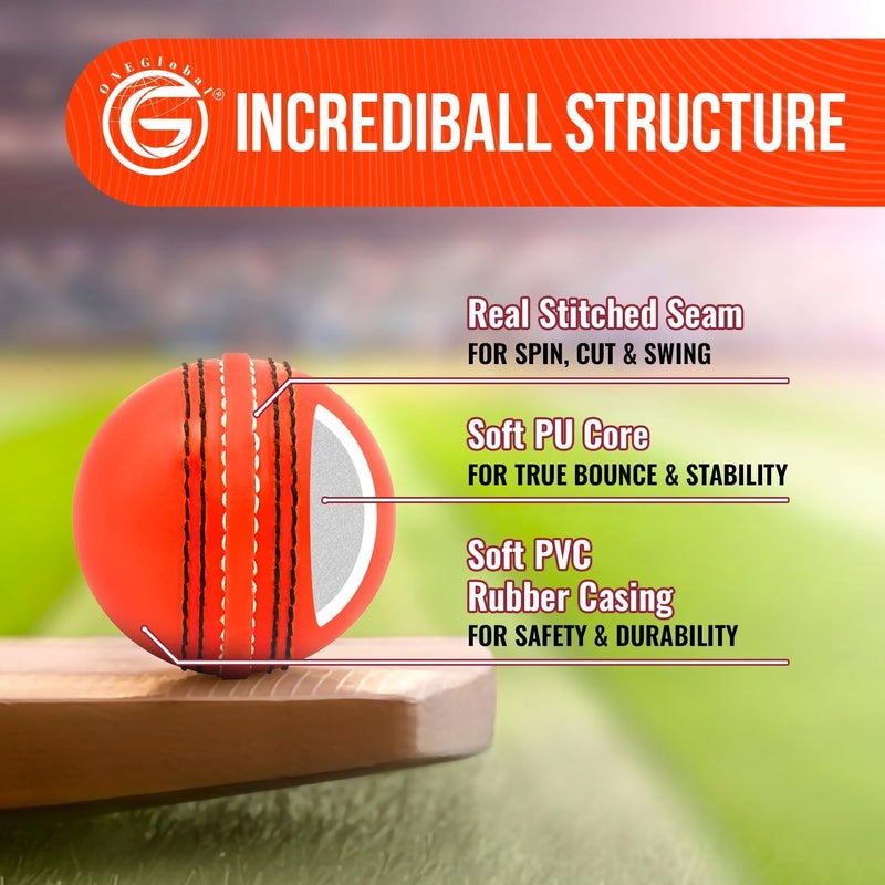 ONEGlobal Soft Rubber Cricket Ball for Practice | Outdoor & Indoor Practice Cricket Ball with Core & Stitched Seam | Realistic Feel, True Bounce & Swing for Practice, Honing Skills & Family Fun - Image 4